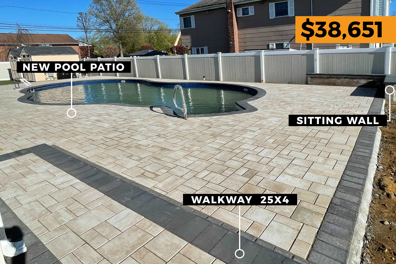 A paver driveway leads to a detached garage, providing ample space for parking and storage. | Back yard patio contractor