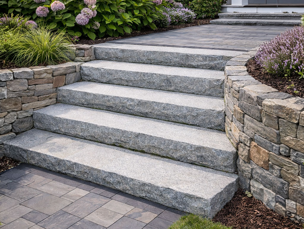 Granite steps provide a rugged, enduring transition between outdoor levels. Integrating textured slabs with stone pavers, river rocks, or fieldstone retaining walls creates a polished, professional landscape aesthetic in modern gardens.