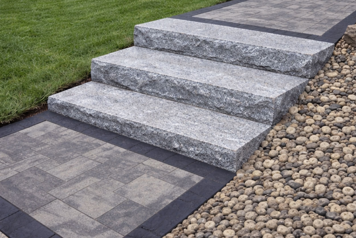 Outdoor stairs feature four thick, textured granite slabs. Set within a manicured landscape of mulch and greenery, they bridge two stone-paved walkways, offering a rugged yet refined transition for any modern garden space.