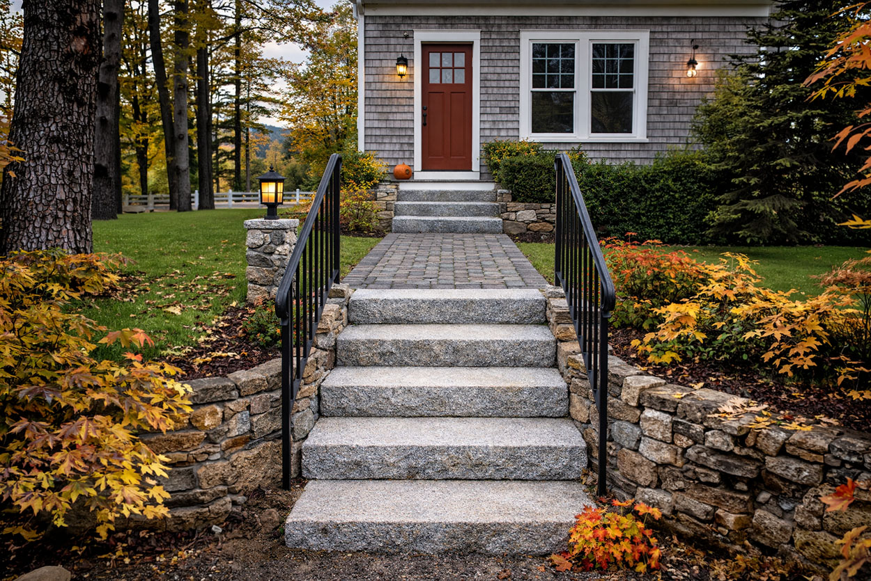 The featured stone steps integrate warm LED lighting and robust retaining walls. These tiered granite or concrete transitions provide essential structural support while elegantly connecting multi-level garden spaces and patios.