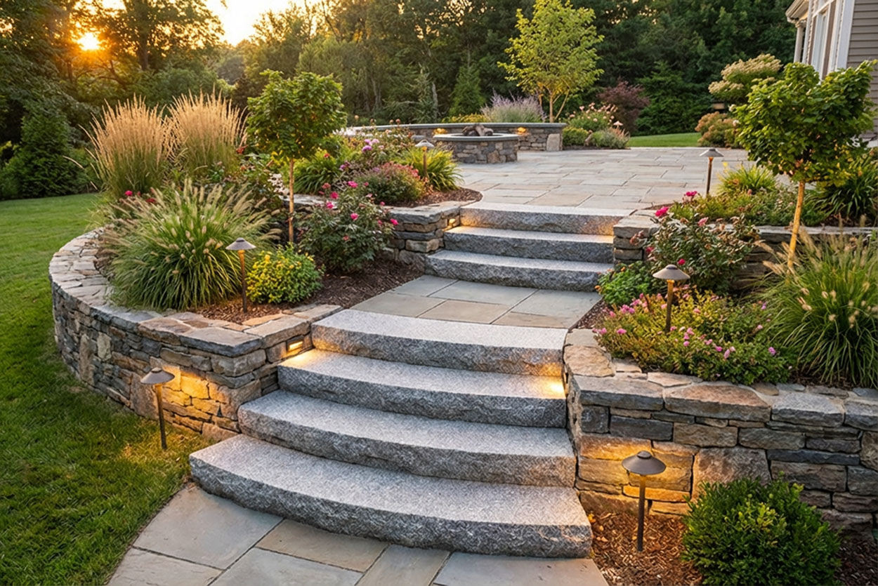 Curving landscape stairs feature heavy granite treads set into fieldstone retaining walls. These designs integrate warm path lighting and lush garden plantings to create inviting, professional transitions between outdoor levels.