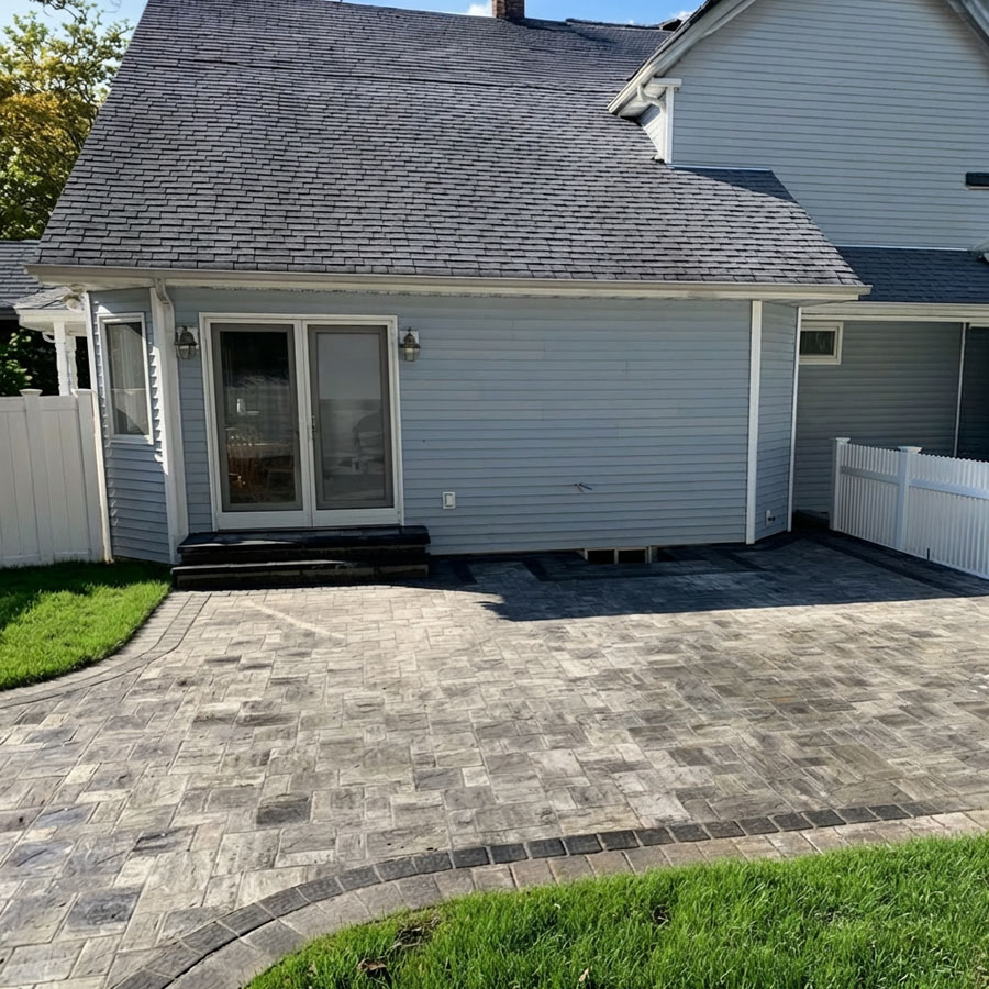 Patio features multi-toned grey pavers framed by a bold black border. A matching two-step curved entrance leads to a sliding glass door, seamlessly connecting the home to the landscaped lawn.