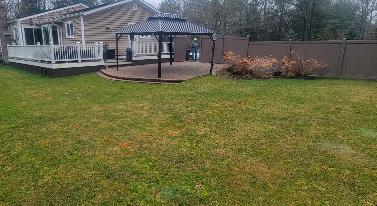 patio with pergola ideas with paver base and clean border lines for a finished look