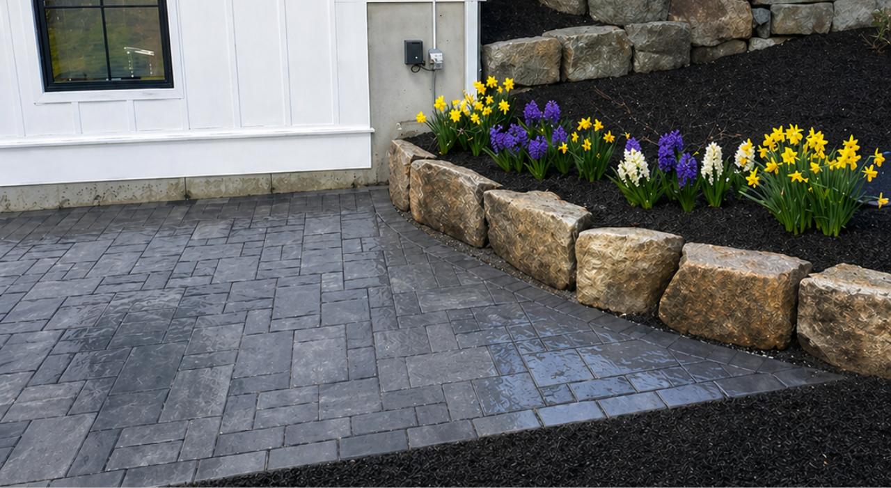 A stunning stone retaining wall beside a new dark paver installation provides beautiful patio ideas in Manchester for modern homes.