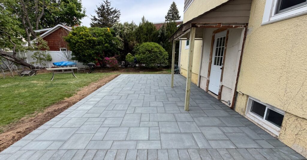 Paver patio patterns showing herringbone pattern, running bond, and bordered patio layout options