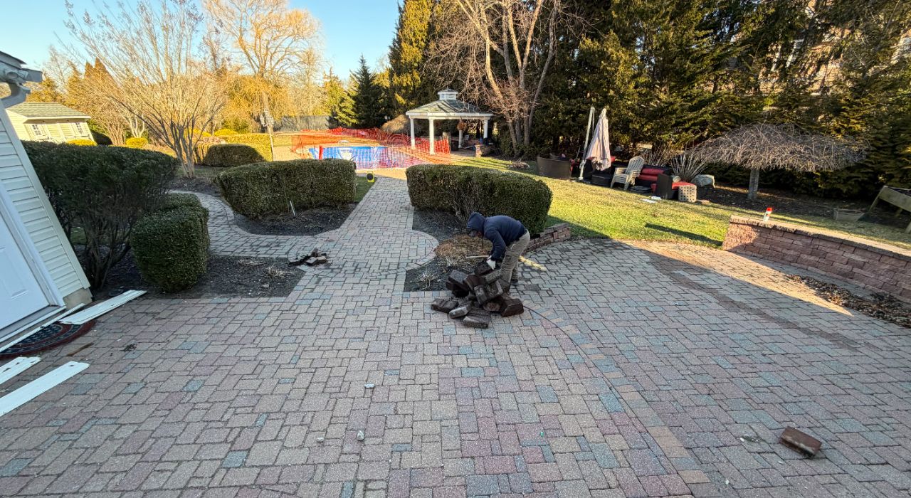 Suffolk County backyard project layout with paver patio and BBQ area planning