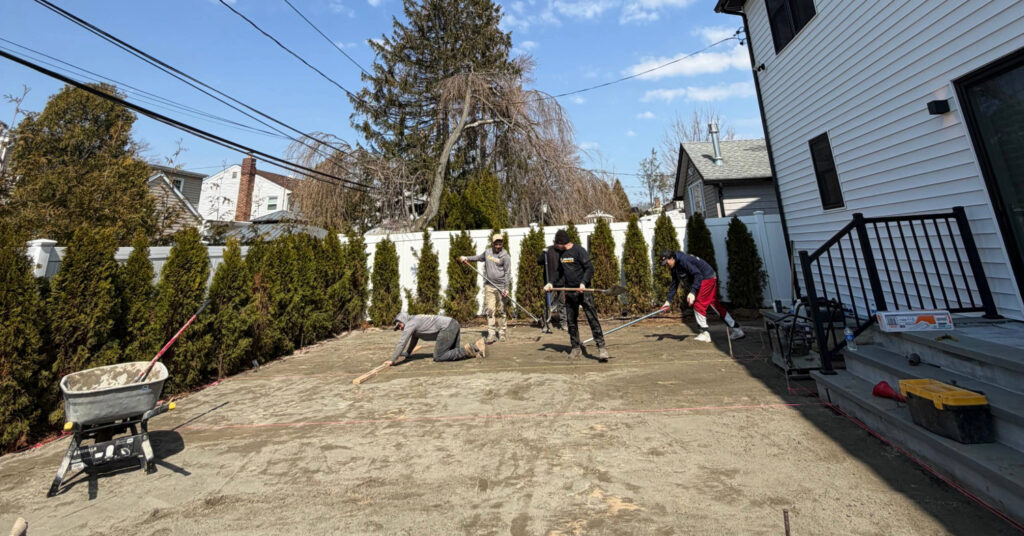 Nassau County patio permit guide showing a backyard patio plan, property survey, and permit checklist