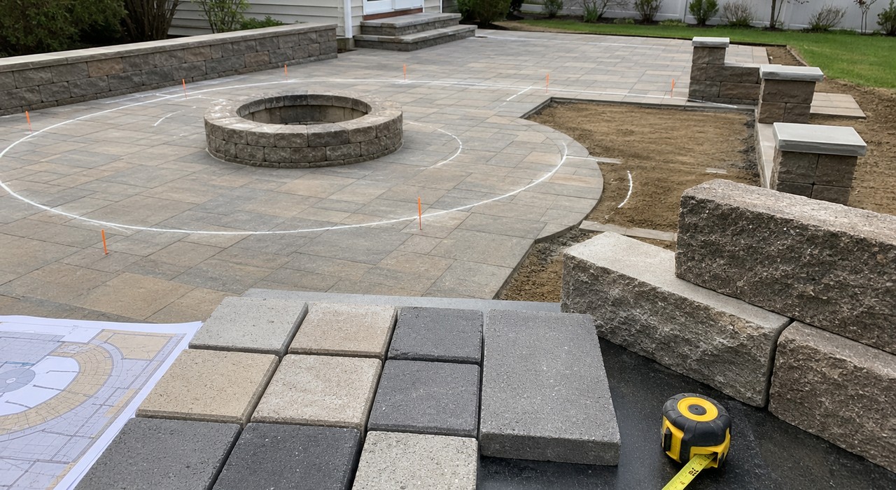 Patio installation Massapequa design with paver samples, fire pit layout, and outdoor living plan