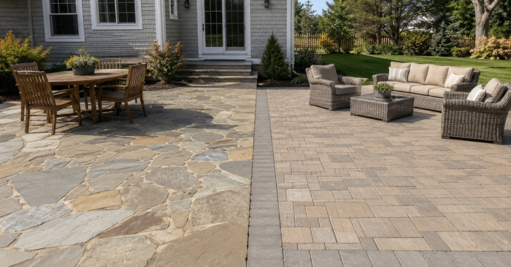 flagstone patio installation compared with paver patio installation in a Suffolk County backyard