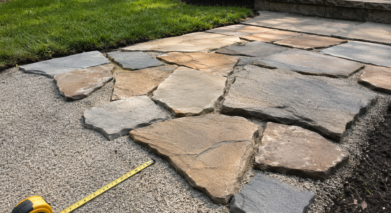 flagstone patio vs pavers showing patio material options, drainage planning, and backyard design differences