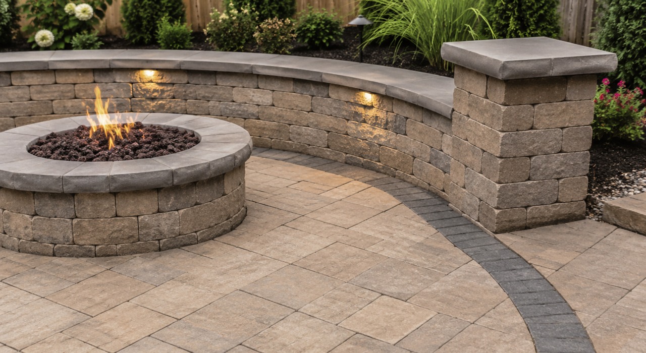 custom fire pit installation with built-in seating wall, lighting, privacy, and finished paver patio layout
