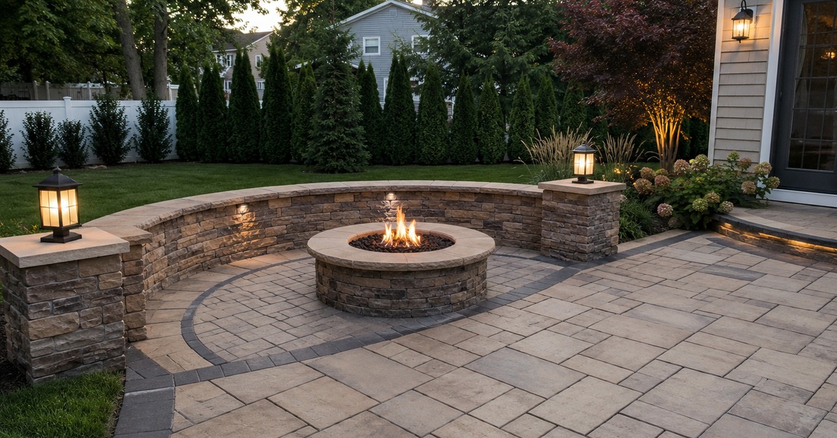 luxury fire pit installer planning a built-in fire pit with seating walls and paver patio integration in Suffolk County