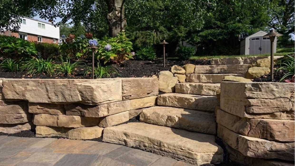 A stone block tiered garden structure showing a retaining wall installation in Dover.